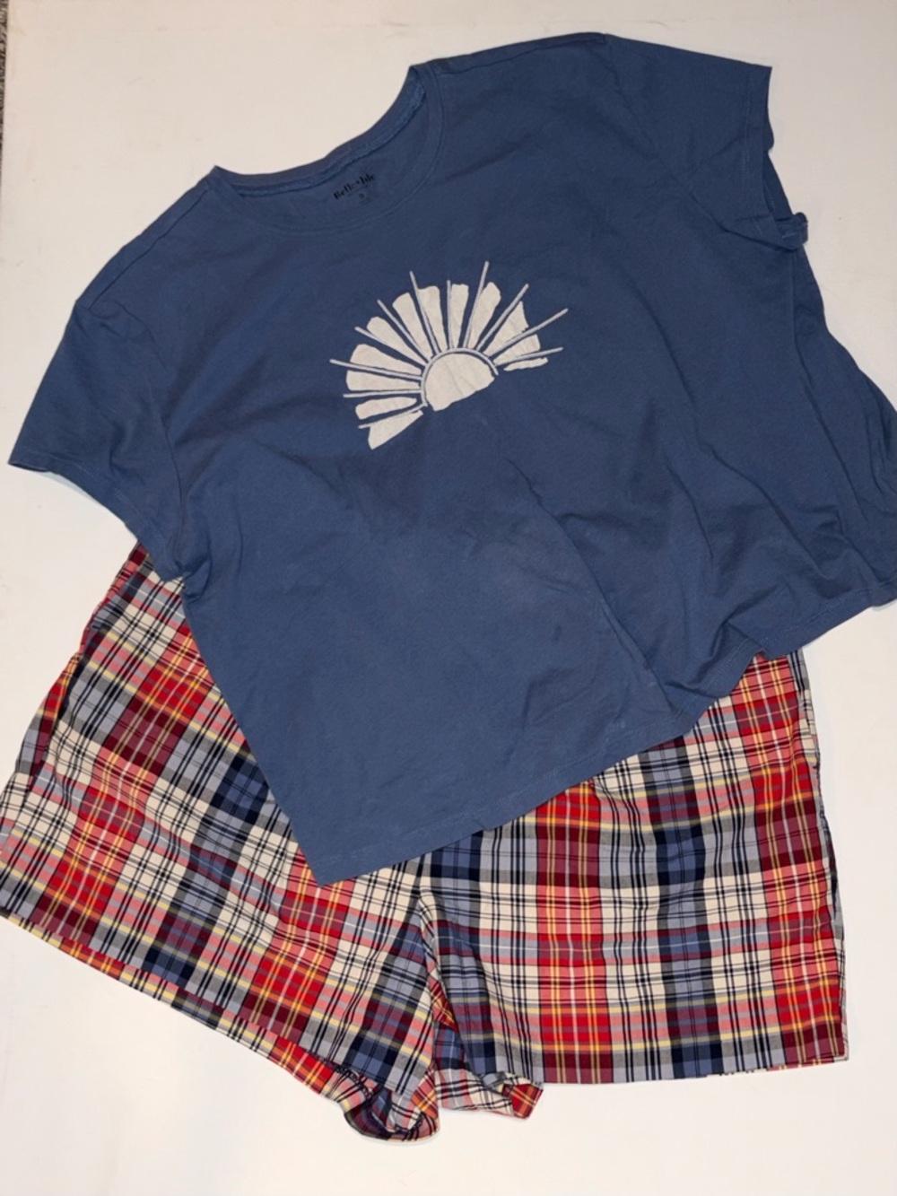 Torrid BOGO Cotton Outfit Embroidered Blue Tee Plaid w Plaid Shorts Blue & Red